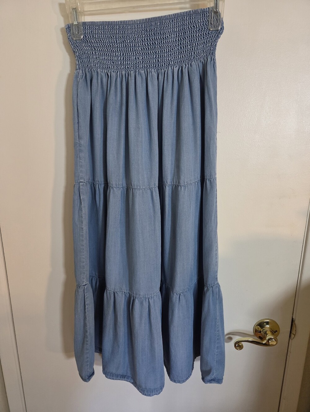 Chelsea & Theodore Blue Denim Boho Maxi Skirt Smocked Waist S Western Cowgirl